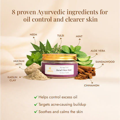 JiViSa Nimba Tulsi Ubtan ingredients: neem, tulsi, mint, aloe vera, sandalwood, cinnamon, multani mitti, and kaolin clay for oil control