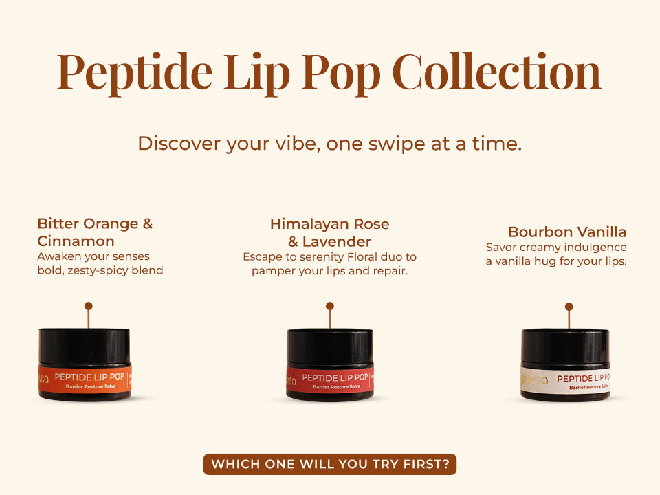 Peptide Lip Pop collection displaying Bitter Orange Cinnamon, Himalayan Rose Lavender and Bourbon Vanilla variants.