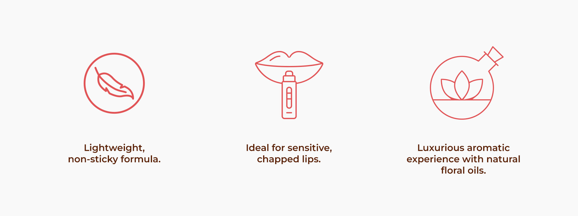 Icons showing lightweight non-sticky formula, ideal for sensitive chapped lips, and aromatic floral oils.