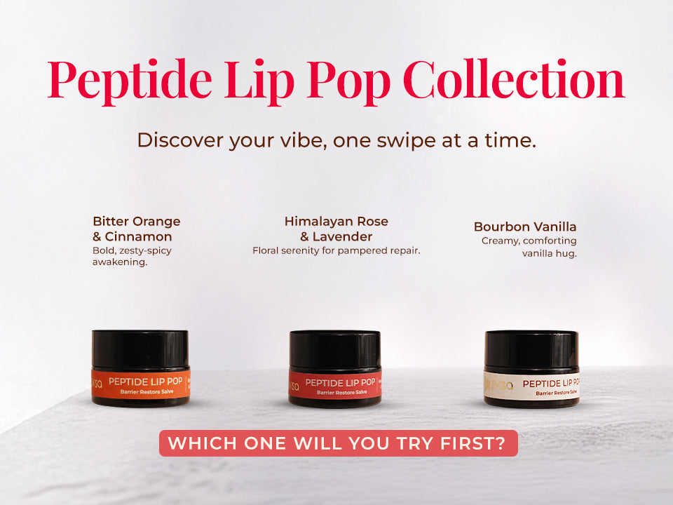 Three JiViSa Peptide Lip Pop jars showing Bitter Orange & Cinnamon, Himalayan Rose & Lavender, and Bourbon Vanilla variants.