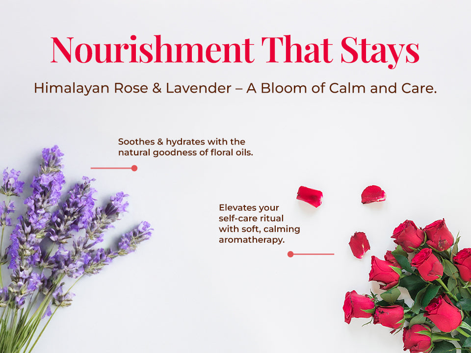 Lavender and rose flowers with text about nourishing lips with Himalayan rose and lavender.