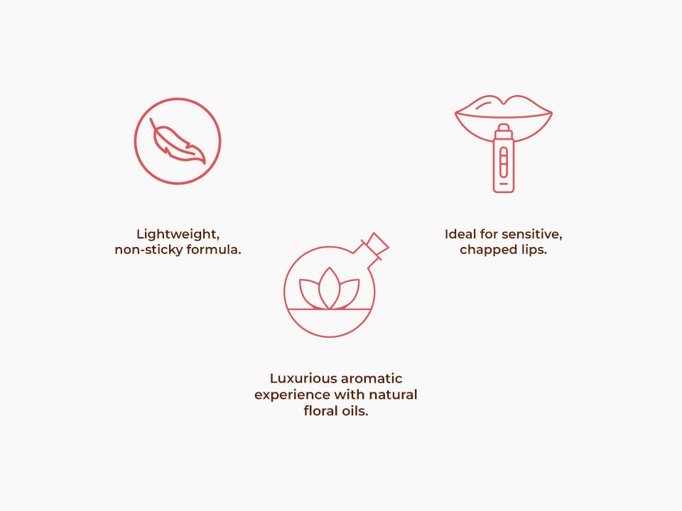 Icons showing lightweight non-sticky formula, ideal for sensitive chapped lips, and aromatic floral oils.