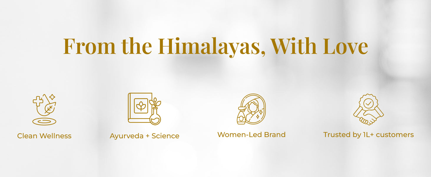 Heading on the image reads: "From the Himalayas, With Love".  Four iconic illustrations with text support each value – a leaf and cross for wellness represent Clean Wellness, a book and flask for Ayurveda & science labeled Ayurveda + Science, a woman icon for Women-Led Brand, and a handshake with a badge for Trusted by 1L+ customers.
