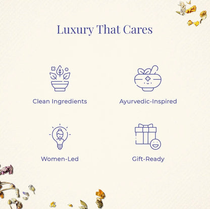 JiViSa Raina brand values icons showing Clean Ingredients, Ayurvedic-Inspired, Women-Led, and Gift-Ready