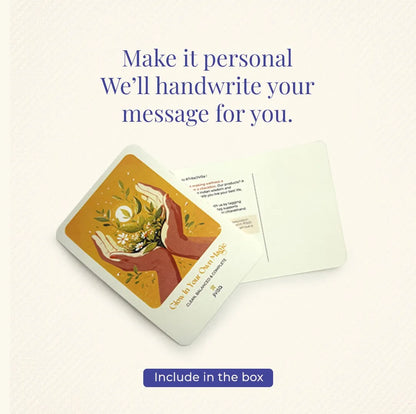 JiViSa personalized handwritten gift message postcard "Glow In Your Own Magic" included with Raina Sleep Ritual Kit orders