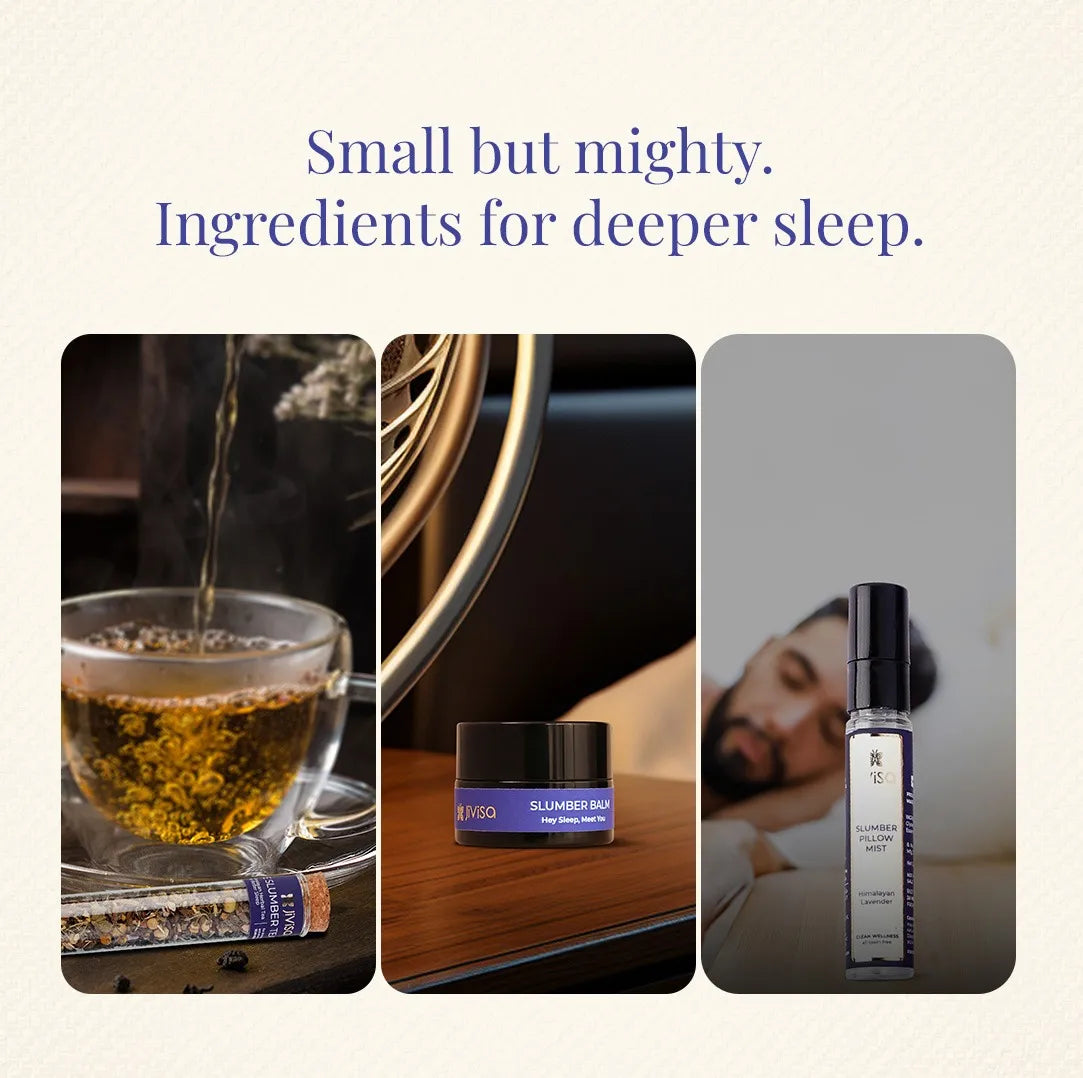 JiViSa Slumber Tea brewing, Slumber Balm jar on wooden nightstand, and Slumber Pillow Mist beside a sleeping man - ingredients for deeper sleep