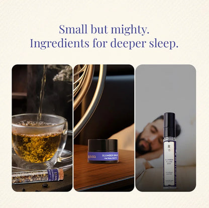 JiViSa Slumber Tea brewing, Slumber Balm jar on wooden nightstand, and Slumber Pillow Mist beside a sleeping man - ingredients for deeper sleep