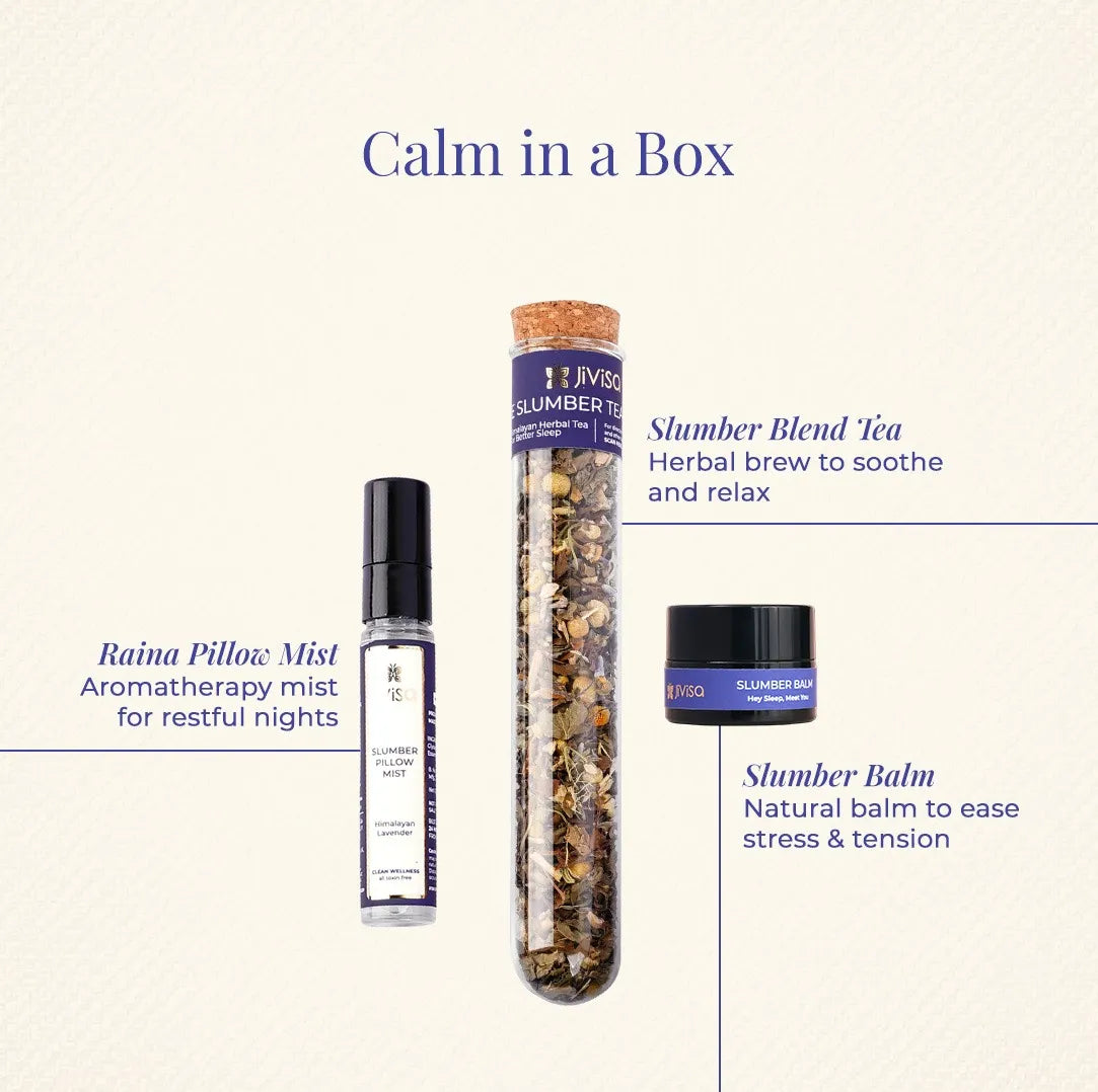 JiViSa Raina Sleep Ritual Kit contents labeled - Raina Pillow Mist, Slumber Blend Tea, and Slumber Balm for restful sleep