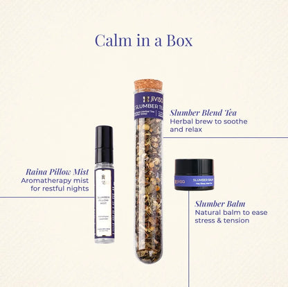 JiViSa Raina Sleep Ritual Kit contents labeled - Raina Pillow Mist, Slumber Blend Tea, and Slumber Balm for restful sleep