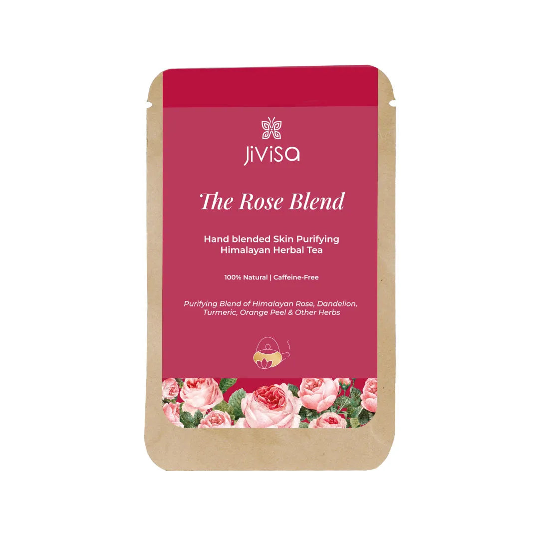 JiViSa The Rose Blend 10gm pouch, a hand-blended skin-purifying herbal tea with Himalayan rose, dandelion and turmeric