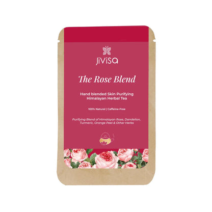 JiViSa The Rose Blend 10gm pouch, a hand-blended skin-purifying herbal tea with Himalayan rose, dandelion and turmeric