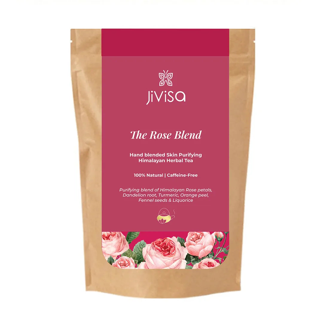 JiViSa The Rose Blend 50Gm pouch, a hand-blended skin-purifying Himalayan herbal tea with rose petals, dandelion root and turmeric