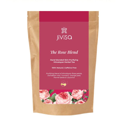 JiViSa The Rose Blend 50Gm pouch, a hand-blended skin-purifying Himalayan herbal tea with rose petals, dandelion root and turmeric