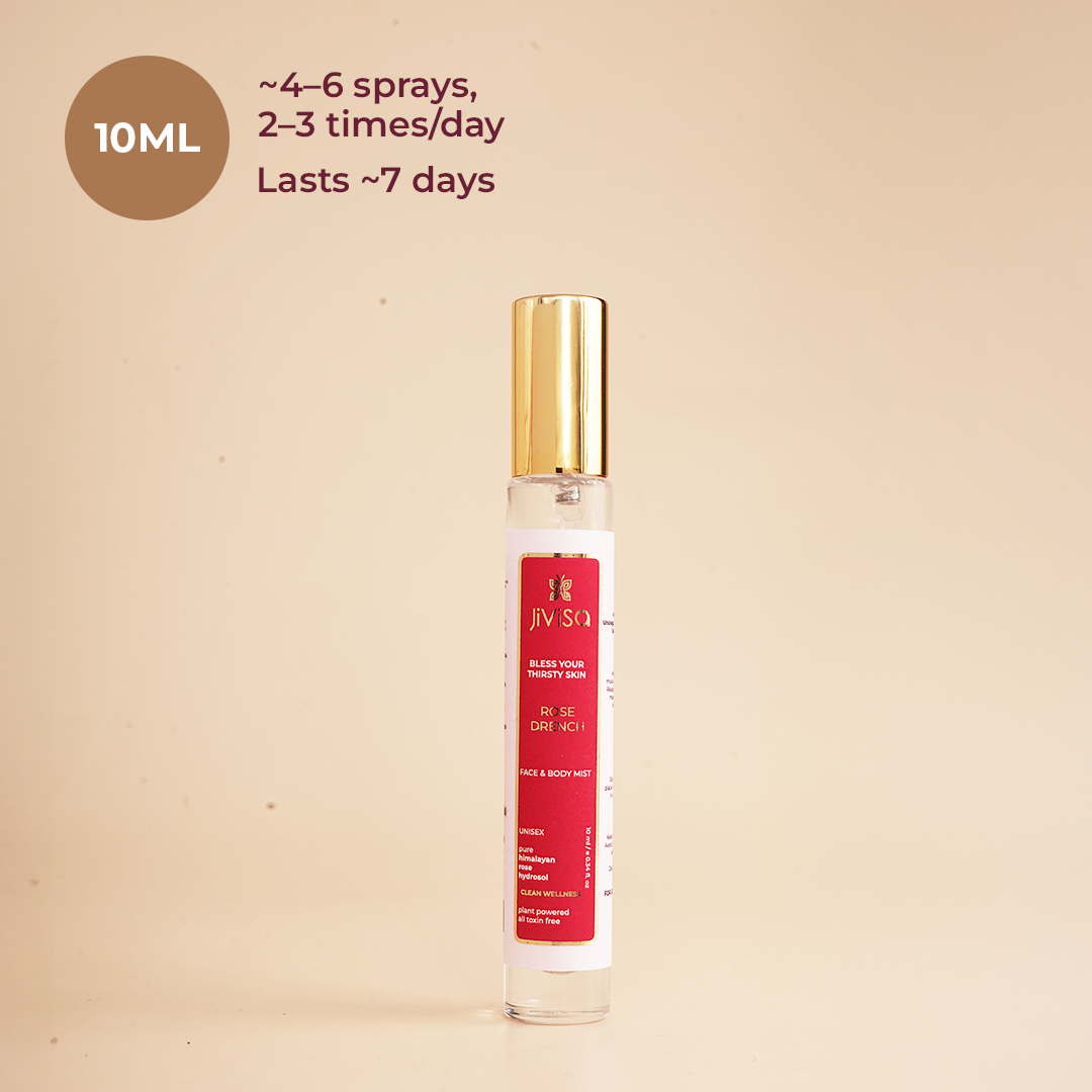 JiViSa Rose Drench face and body mist, 10ml - apply 4 to 6 sprays, 2 to 3 times daily, lasts about 7 days
