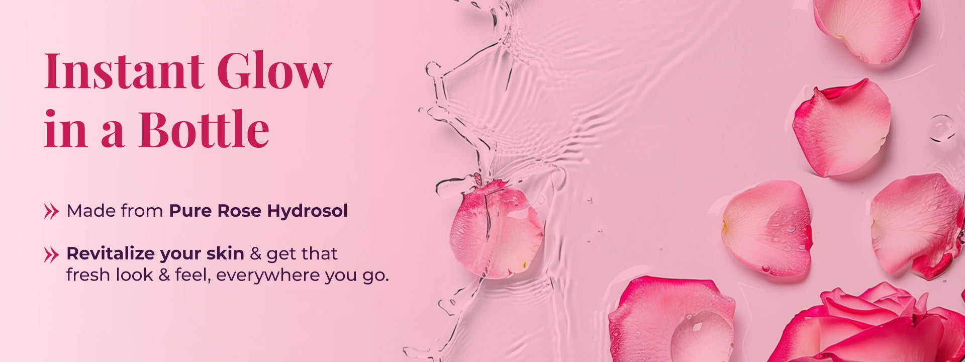 Rose petals splashing in water on a pink background, representing pure rose hydrosol and instant skin hydration for a fresh glow.