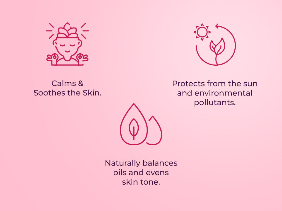 Skincare benefit icons showing calming and soothing skin, protection from sun and environmental pollutants, and balanced oils with even skin tone.