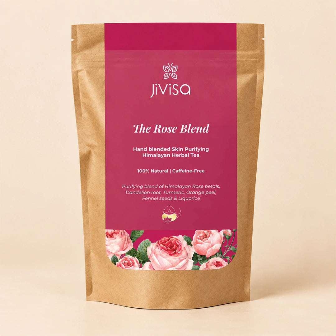 JiViSa The Rose Blend 50Gm pouch, a hand-blended skin-purifying Himalayan herbal tea with rose petals, dandelion root and turmeric