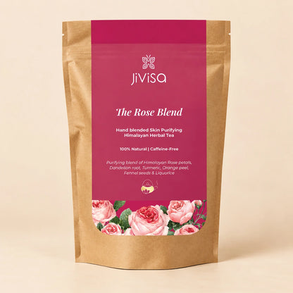 JiViSa The Rose Blend 50Gm pouch, a hand-blended skin-purifying Himalayan herbal tea with rose petals, dandelion root and turmeric