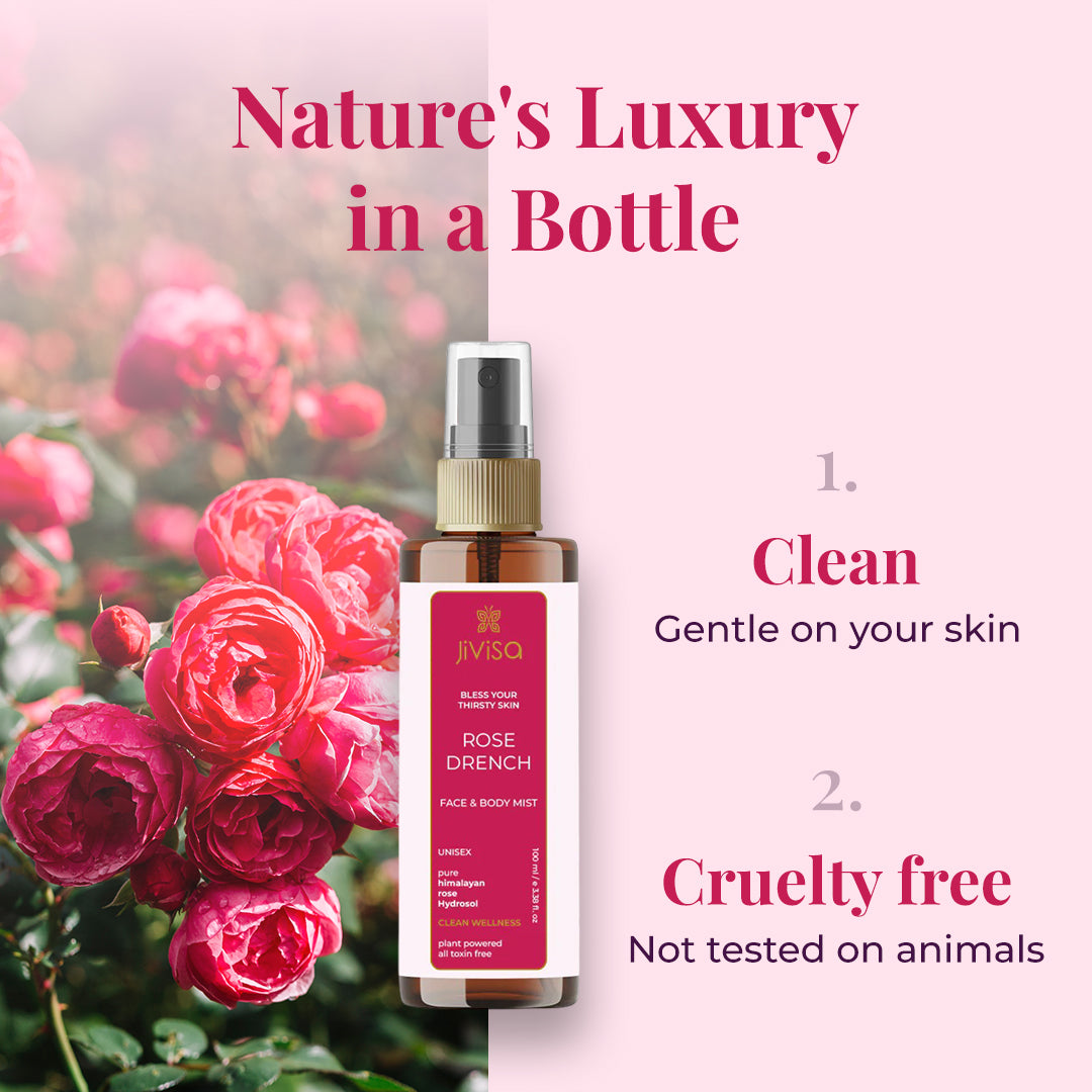 A promotional image featuring a bottle of Jivisa Rose Drench Face &amp; Body Mist in front of blooming pink roses. The background is split with vibrant roses on the left and soft pink on the right. Text reads: &