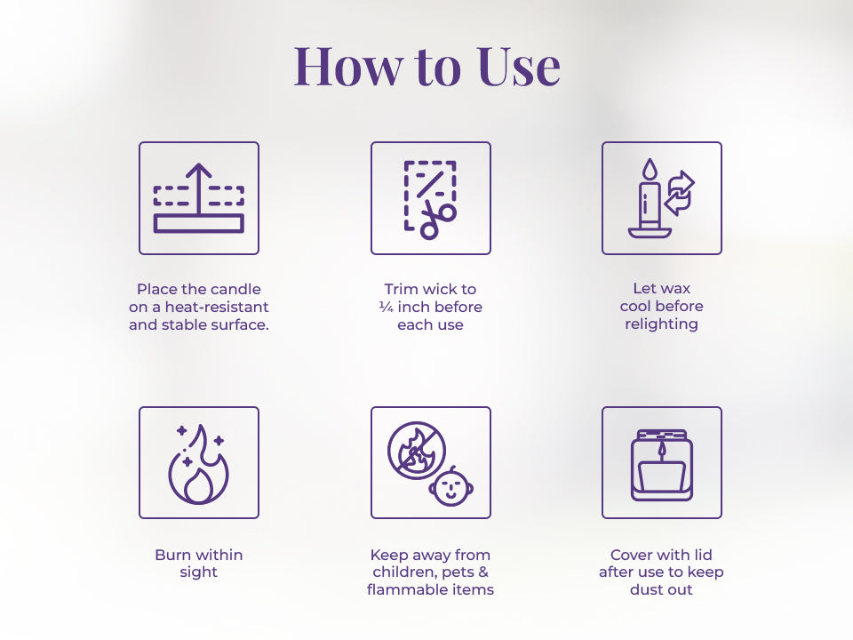 A clean white background with six blue line-drawn icons explaining JiViSa Royal Oudh candle care. Each icon is paired with text: “Place the candle on a heat-resistant and stable surface”, “Trim wick to ¼ inch before each use", “Let wax cool before relighting", “Burn within sight", “Keep away from children, pets & flammable items" and “Cover with lid after use to keep dust out.”