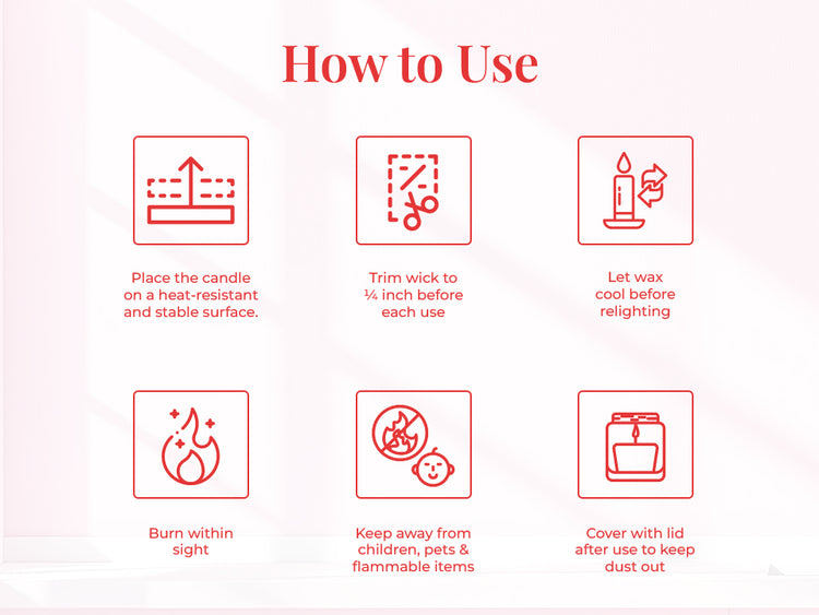 A clean white background with six red line-drawn icons explaining JiViSa Himalayan Rose candle care. Each icon is paired with text: “Place the candle on a heat-resistant and stable surface”, “Trim wick to ¼ inch before each use", “Let wax cool before relighting", “Burn within sight", “Keep away from children, pets & flammable items" and “Cover with lid after use to keep dust out.”

