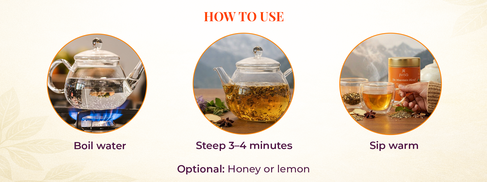 Step-by-step brewing instructions for JiViSa Mountain Blend digestive herbal tea showing boiling water, steeping tea for 3–4 minutes in a glass teapot and serving warm with optional honey or lemon.