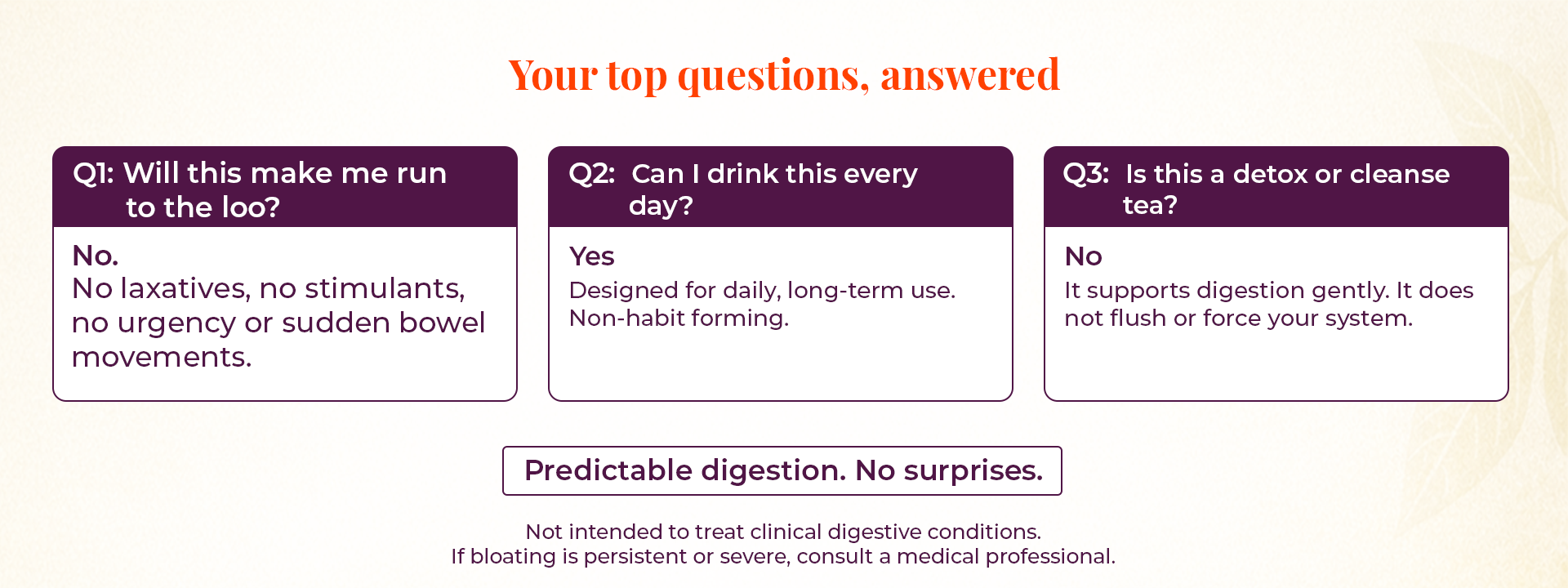 Frequently asked questions about JiViSa Mountain Blend digestive herbal tea explaining daily use, non-laxative formula, and gentle digestion support without detox or sudden bowel urgency.