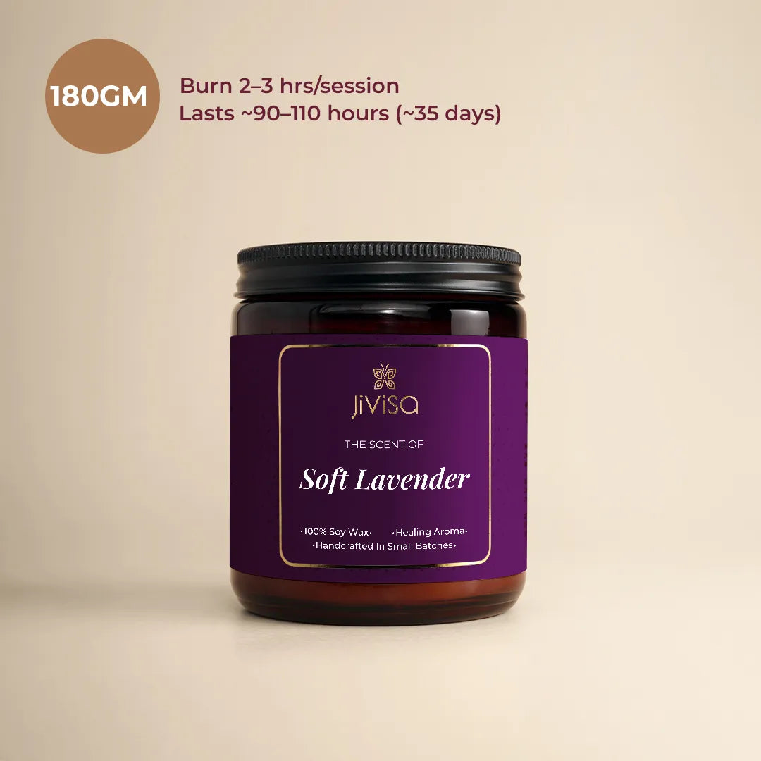 JiViSa Soft Lavender scented soy wax candle 180gm - burn 2-3 Hrs per session, Lasts 90-110 hours.