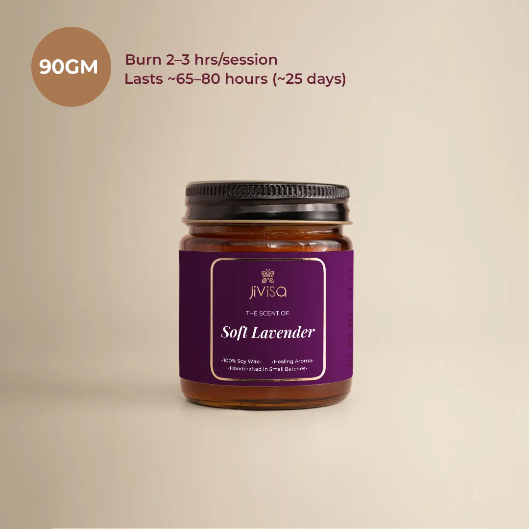 JiViSa Soft Lavender scented soy wax candle 90gm - burn 2-3 Hrs per session, Lasts 65-80 hours.
