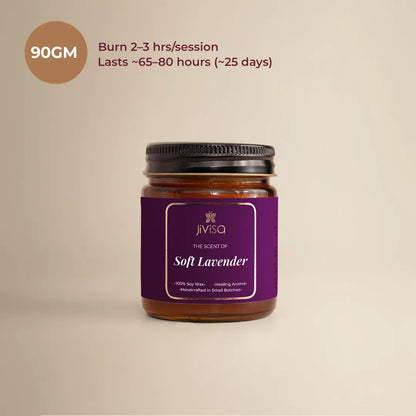 JiViSa Soft Lavender scented soy wax candle 90gm - burn 2-3 Hrs per session, Lasts 65-80 hours.