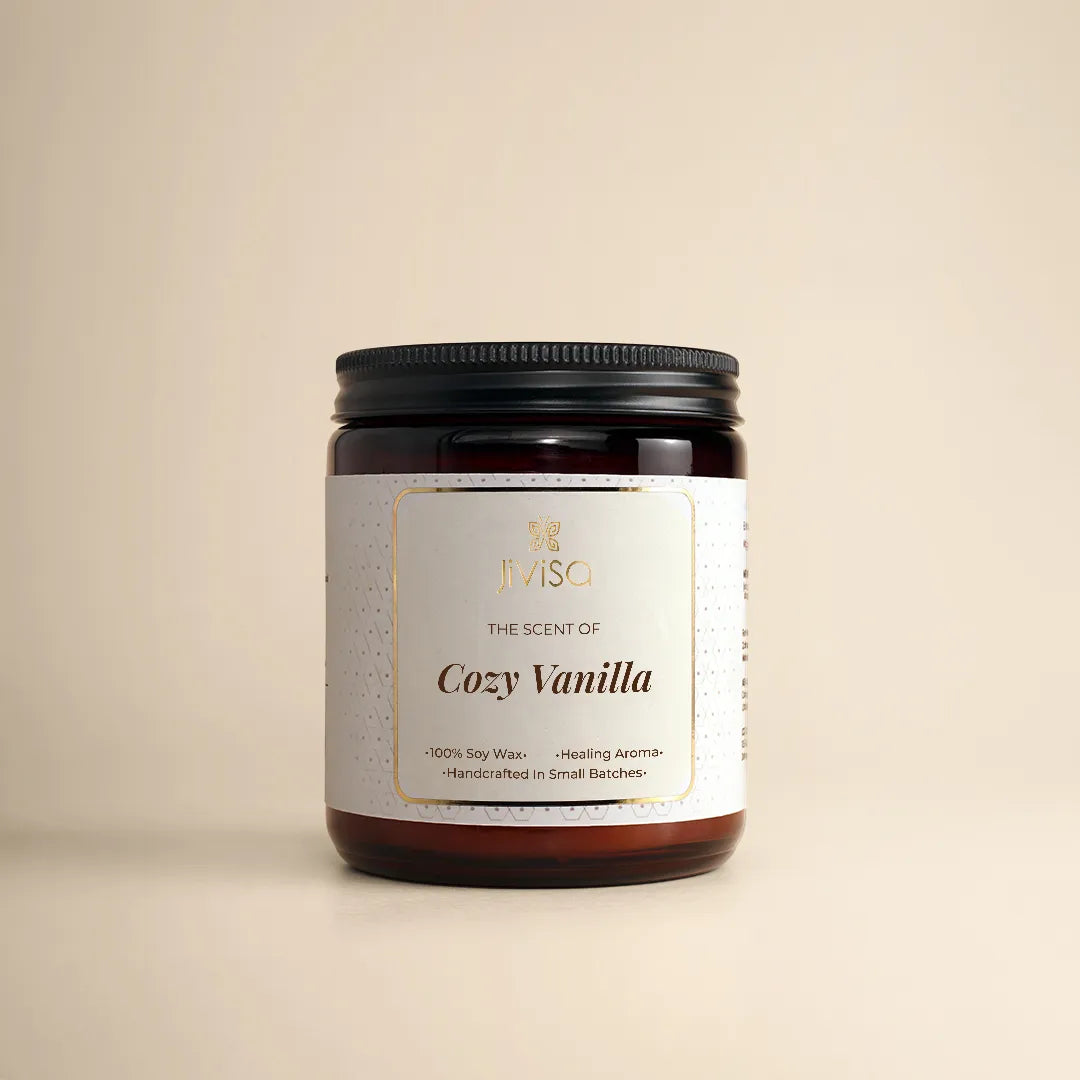 JiViSa The Scent of Cozy Vanilla candle, a 100% soy wax, handcrafted in small batches, 180gm amber glass jar