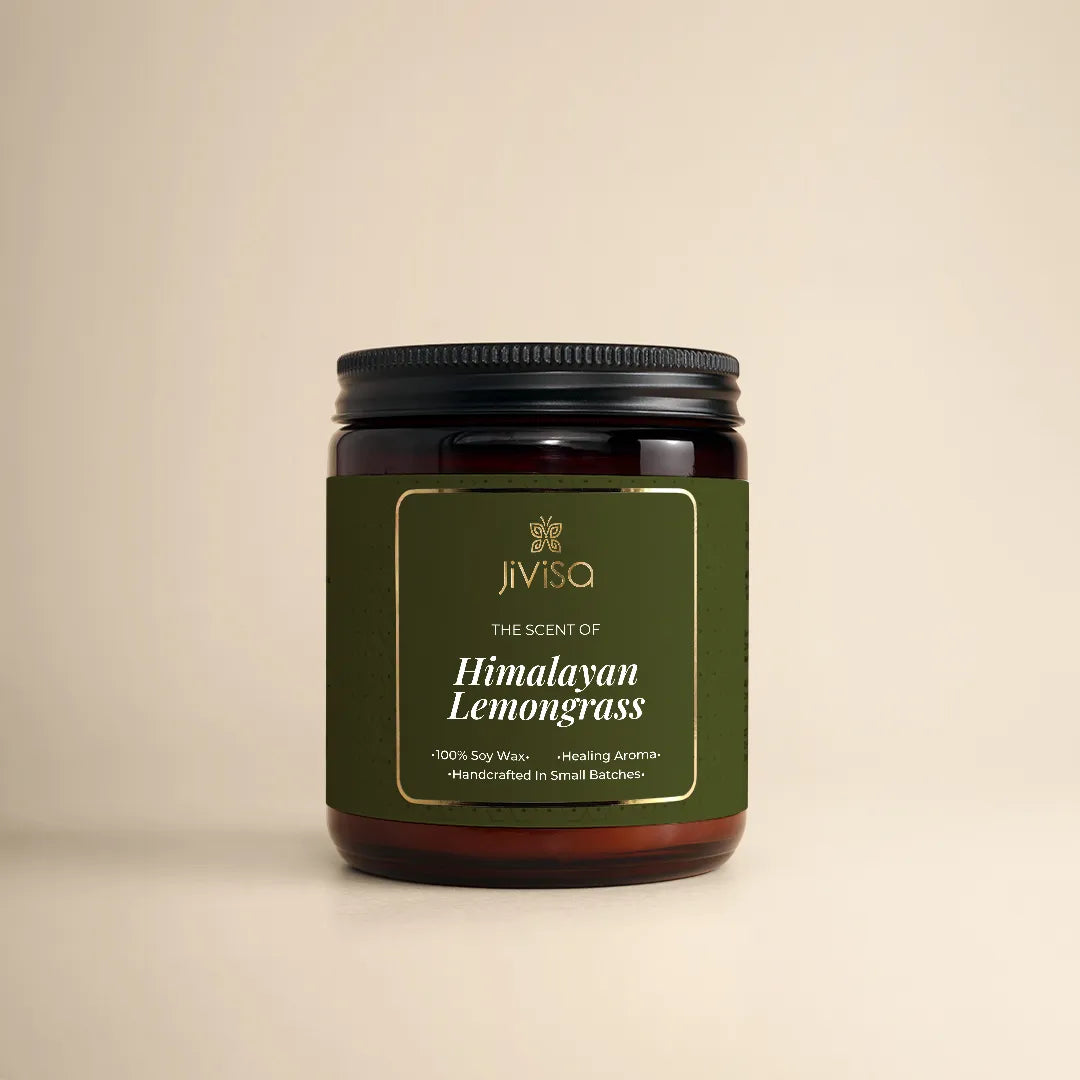 JiViSa The Scent of Himalayan Lemongrass candle, a 100% soy wax, handcrafted in small batches, 180gm amber glass jar