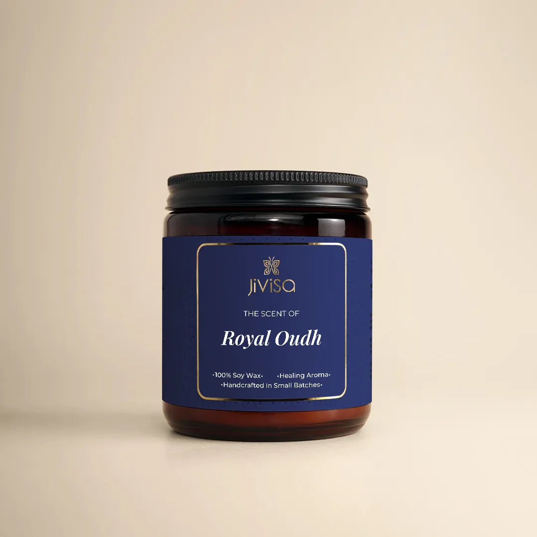 JiViSa The Scent of Royal Oudh candle – 100% soy wax, handcrafted in small batches, 180gm amber glass jar