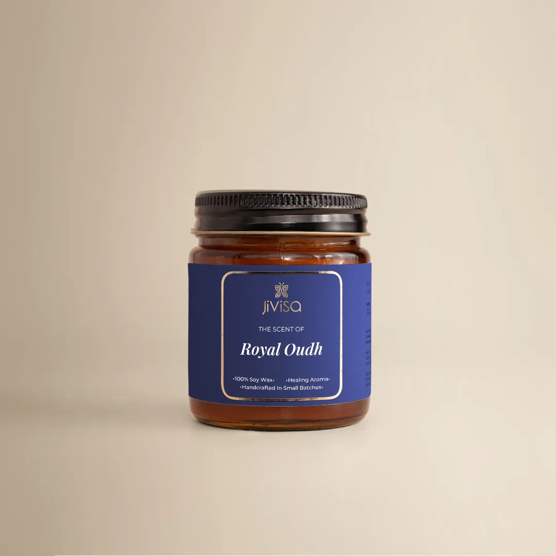 JiViSa The Scent of Royal Oudh candle – 100% soy wax, handcrafted in small batches, 90gm amber glass jar