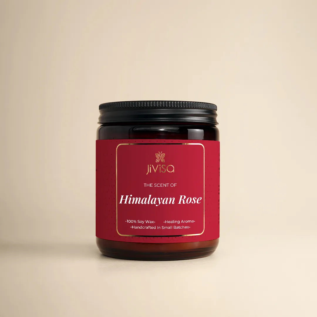 JiViSa The Scent of Himalayan Rose candle – 100% soy wax, handcrafted in small batches, 180gm amber glass jar