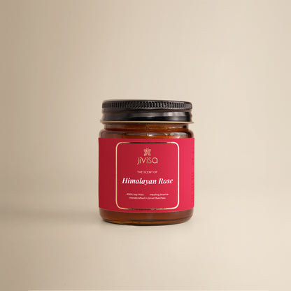 JiViSa Himalayan Lemongrass Handcrafted Soy Wax Candle 90gm in an amber glass jar with a Golden tin and white label.  The label reads: &quot;JiViSa Wellness From The Himalayas, THE SCENT OF Himalayan Rose, Handcrafted 100% Soy Wax Candle, LUXURY AROMATHERAPY&quot;.