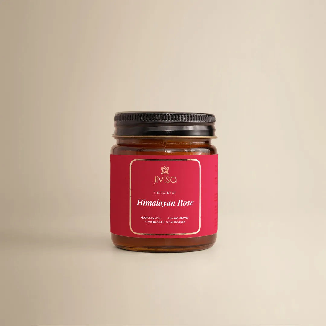 JiViSa The Scent of Himalayan Rose candle – 100% soy wax, handcrafted in small batches, 90gm amber glass jar