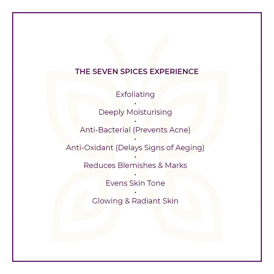 Text on a white background within a purple border indicated JiViSa Seven Spice Ayurvedic Soap benefits. Headline reads: THE SEVEN SPICES EXPERIENCE. Listed benefits: Exfoliating | Deeply Moisturising | Anti-Bacterial (Prevents Acne) | Anti-Oxidant (Delays Signs of Ageing) | Reduces Blemishes &amp; Marks | Evens Skin Tone | Glowing &amp; Radiant Skin.