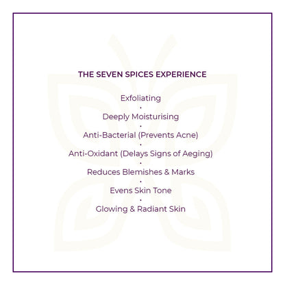 Text on a white background within a purple border indicated JiViSa Seven Spice Ayurvedic Soap benefits. Headline reads: THE SEVEN SPICES EXPERIENCE. Listed benefits: Exfoliating | Deeply Moisturising | Anti-Bacterial (Prevents Acne) | Anti-Oxidant (Delays Signs of Ageing) | Reduces Blemishes &amp; Marks | Evens Skin Tone | Glowing &amp; Radiant Skin.