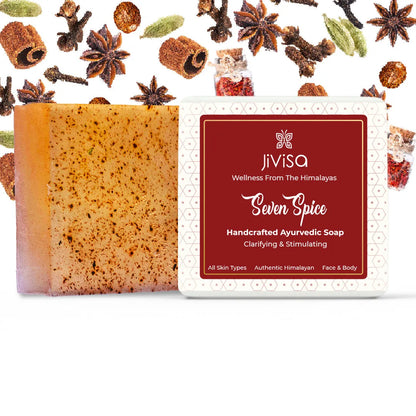 Seven Spice Ayurvedic soap bar surrounded by cinnamon, star anise, cardamom, and clove spice illustrations