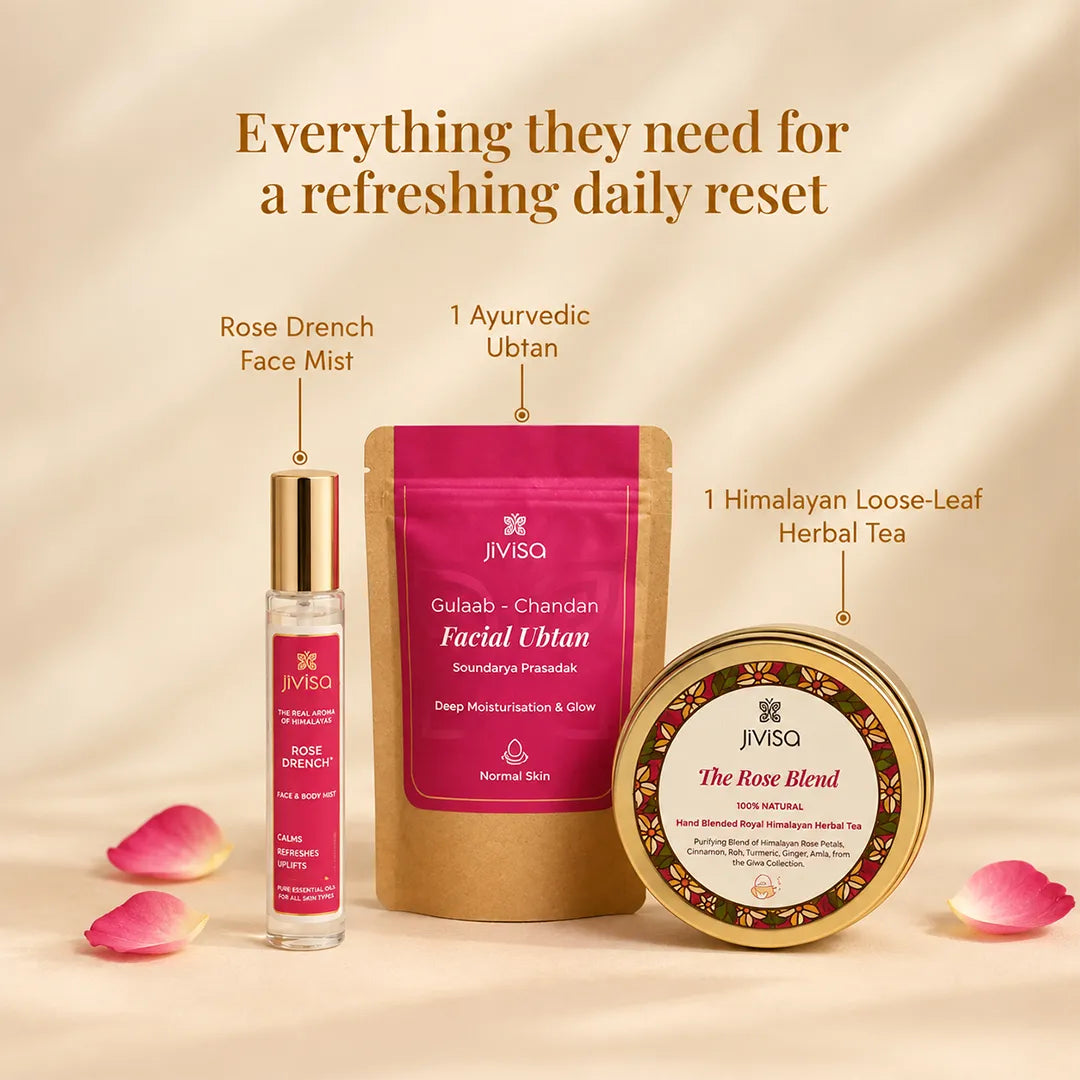 JiViSa Himalayan Skin Essentials Gift Box featuring Rose Drench Face Mist, Gulab-Chandan Facial Ubtan, and The Rose Blend Himalayan Herbal Tea.