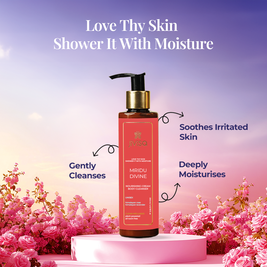 bottle of Mridu Divine with the text "Love Thy Skin Shower It With Moisture." The benefits highlighted include Soothes Irritated Skin, Deeply Moisturises, Gently Cleanses.