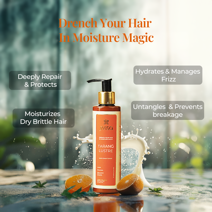 Image displays the JiViSa Tarang Lustre Hair Conditioner bottle surrounding by elements of oranges and mint ingredients with milk splash emphasizes moisture and nourishment. Tagline reads: &quot;Drench Your Hair in Moisture Magic&quot;. The text on the image points out the product&