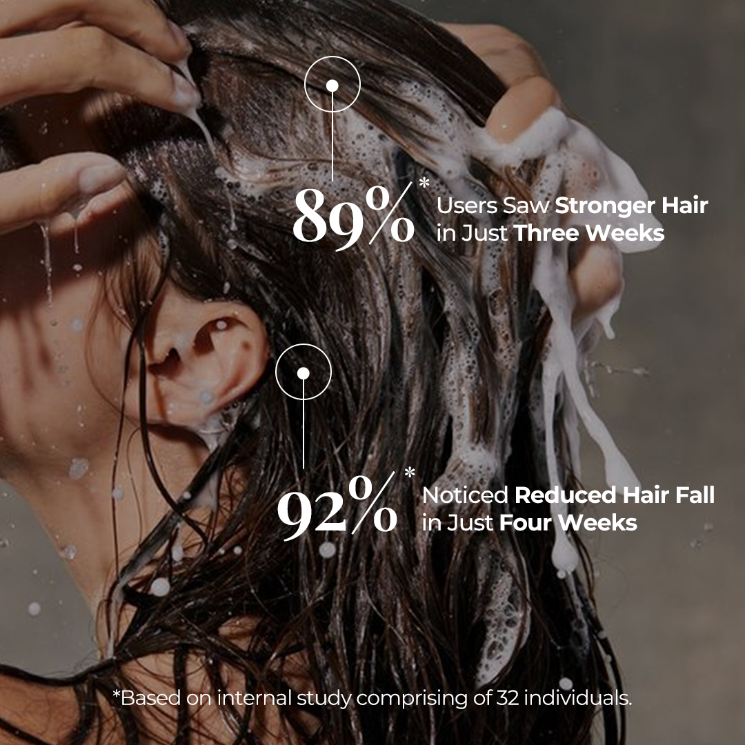 A close-up of a woman washing her hair with Varta fortify hair cleanser, with the text highlighting that 89% User saw strong hair in just three weeks, 92% Noticed Reduced hair fall in just four weeks. and based on internal study comprising of 32 individuals.