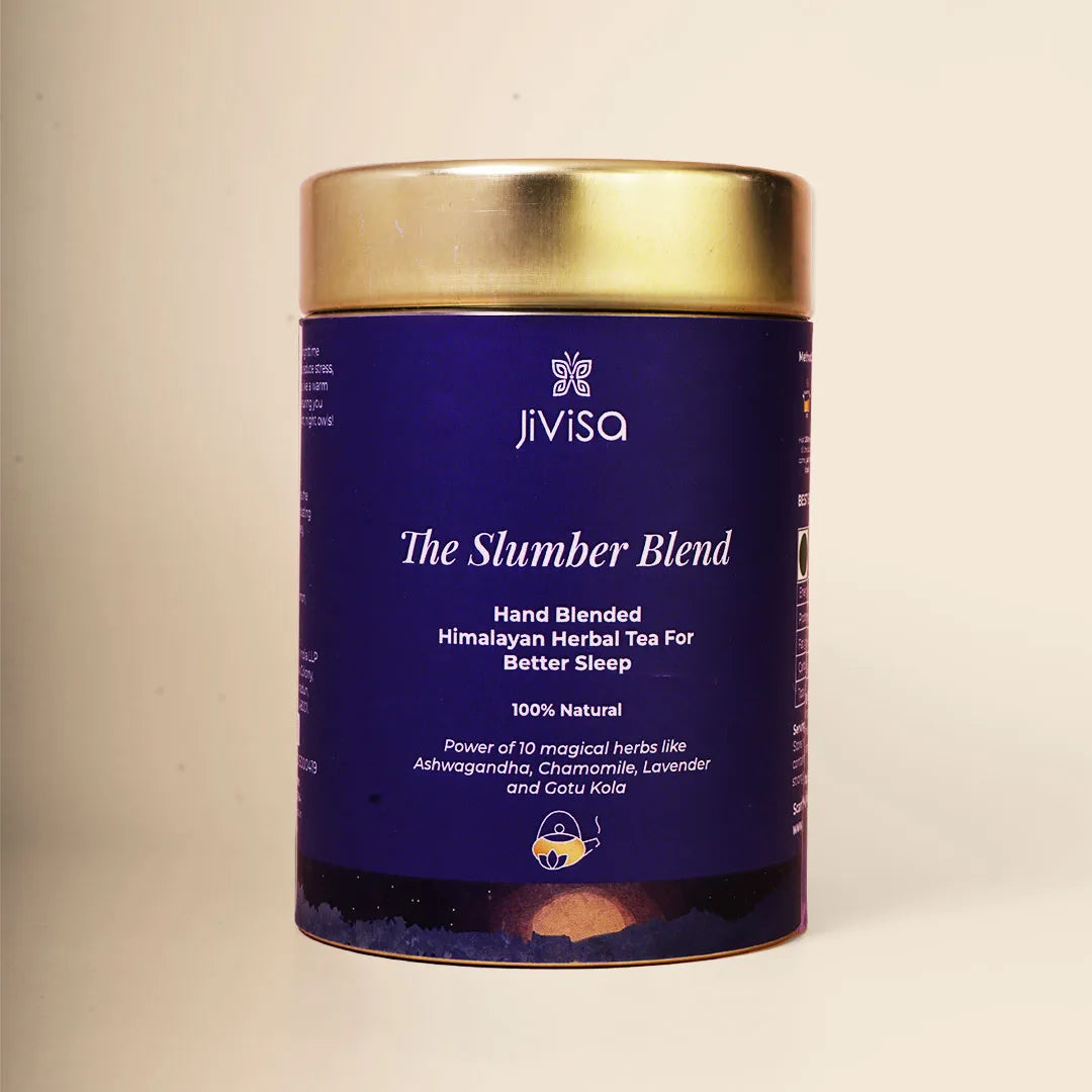 JiViSa The Slumber Blend 50GM tin, a 100% natural hand-blended Himalayan herbal tea for better sleep with Ashwagandha, chamomile and lavender