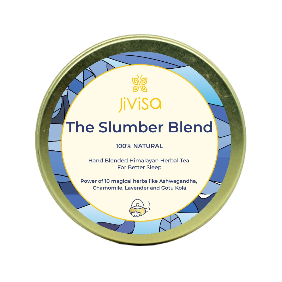 JiViSa The Slumber Blend 25GM tin, a 100% natural hand-blended Himalayan herbal tea for better sleep with Ashwagandha, chamomile and lavender