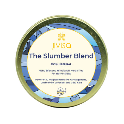 JiViSa The Slumber Blend 25GM tin, a 100% natural hand-blended Himalayan herbal tea for better sleep with Ashwagandha, chamomile and lavender