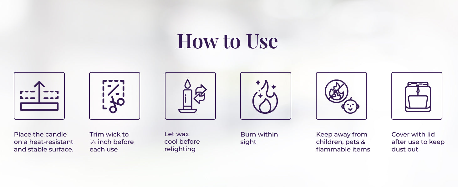 A clean white background with six blue line-drawn icons explaining JiViSa Soft Lavender candle care. Each icon is paired with text: “Place the candle on a heat-resistant and stable surface”, “Trim wick to ¼ inch before each use", “Let wax cool before relighting", “Burn within sight", “Keep away from children, pets & flammable items" and “Cover with lid after use to keep dust out.”
