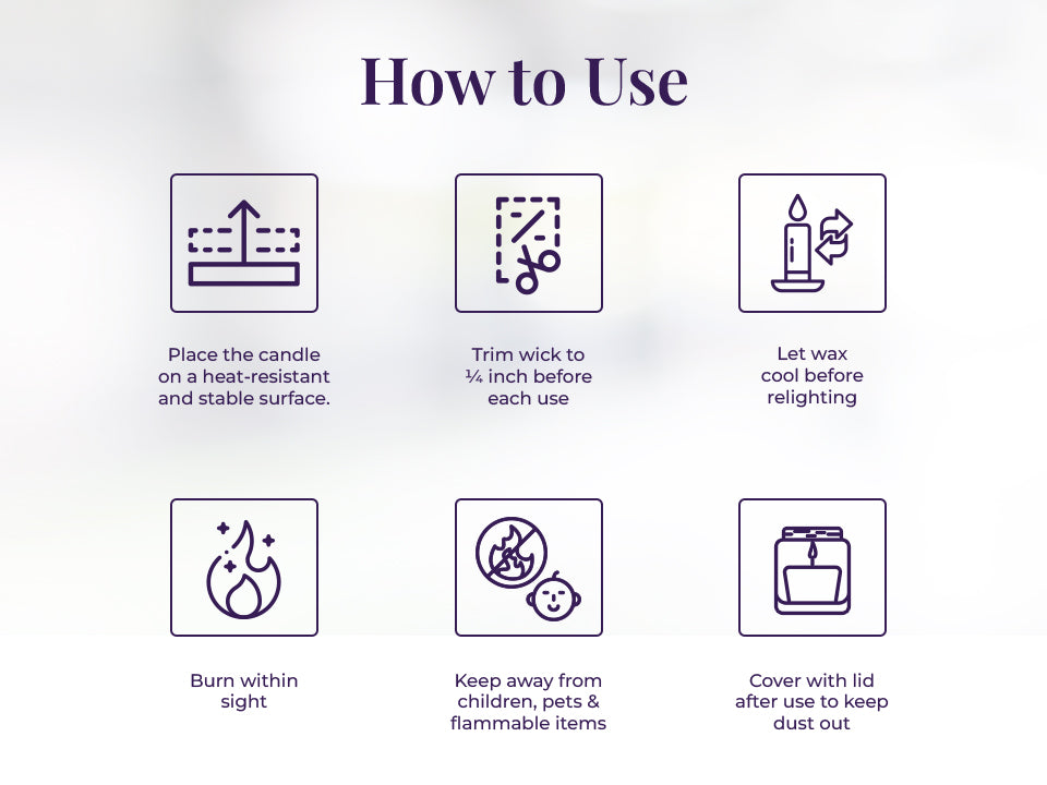 A clean white background with six blue line-drawn icons explaining JiViSa Soft Lavender candle care. Each icon is paired with text: “Place the candle on a heat-resistant and stable surface”, “Trim wick to ¼ inch before each use", “Let wax cool before relighting", “Burn within sight", “Keep away from children, pets & flammable items" and “Cover with lid after use to keep dust out.”
