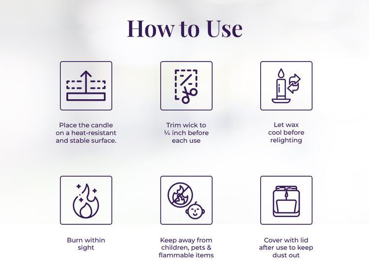 A clean white background with six blue line-drawn icons explaining JiViSa Soft Lavender candle care. Each icon is paired with text: “Place the candle on a heat-resistant and stable surface”, “Trim wick to ¼ inch before each use", “Let wax cool before relighting", “Burn within sight", “Keep away from children, pets & flammable items" and “Cover with lid after use to keep dust out.”
